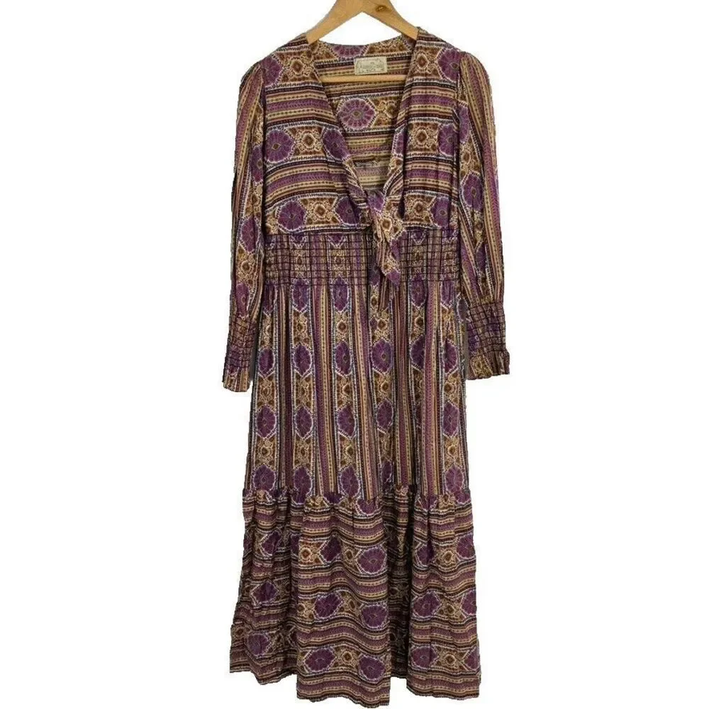 VTG 70's House of She LTD Maxi Dress Boho‎ Hippy Colorful Fun Size S/M Tie Front